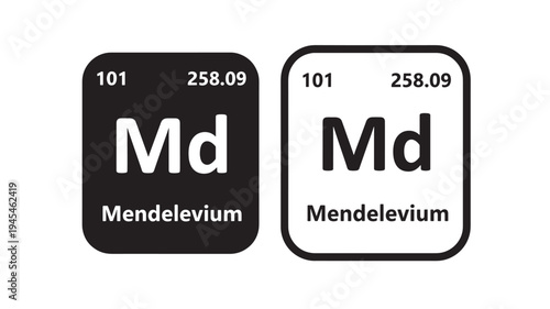 Mendelevium element card with atomic number 101 and atomic mass 258.09, displayed in both black and white styles.