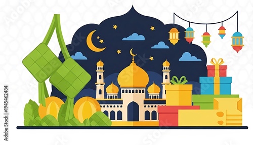 Flat Illustration Celebrating Eid al-Fitr with Mosque and Traditional Food