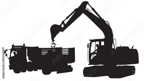Excavator dumping dirt into dump truck silhouette on a white background featuring construction, heavy machinery, bulldozer with digger and