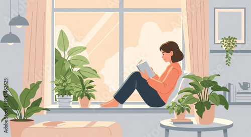 Relaxing indoor scene a woman reads a book by a sunlit window, surrounded by lush green houseplants, embracing tranquility and cozy comfort at home