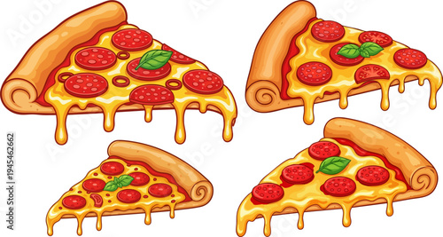 Set of 4 Delicious Cartoon Pepperoni Pizza Slices with Melted Cheese and Basil Leaves, Isolated Vector Illustration for Food Menus and Restaurant Promotions