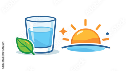 Healthy lifestyle balance supporting daily wellbeing through simple mindful habits and sustainable routines, a small leaf beside a water glass and sunrise icon representing natural wellness