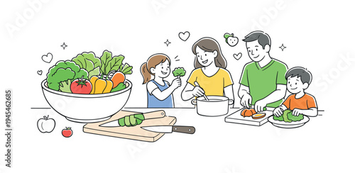A family spending time together preparing healthy homemade meals and learning balanced nutrition habits in their everyday home routine, visual metaphor of a large bowl filled with fresh