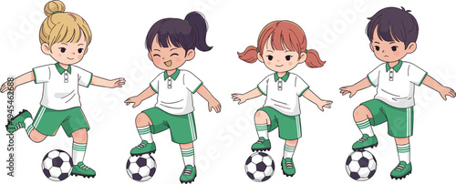 Set of cute anime style children soccer players in green uniforms practicing with ball vector illustration for youth sports school club mascot designSet of cute anime style children soccer players in 