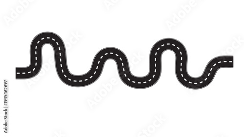 Road winding black asphalt with white dashed lines in a cartoon style on a white background, illustrating a fun track for toys