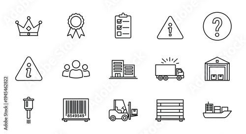 Logistics and Business Icons Set Crown Award Checklist Warning Information People Building Truck Warehouse Forklift Pallet Ship