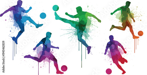 Set of colorful watercolor soccer football player silhouettes in action poses with paint splashes and drips vector illustration for sports event posters and artistic brandingSet of colorful watercolor