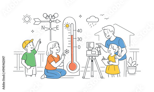 A family setting up a small home weather station together on their backyard terrace while observing daily climate conditions, gathered around a large thermometer and a simple wind vane that