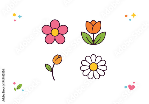 Flower themed natural beauty and decorative botanical elements used in lifestyle branding, wellness communication, and modern eco friendly visual design, illustrated through four simple