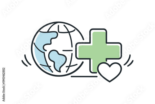 World Health Day promoting accessible healthcare and community wellbeing across the world, a globe icon beside a medical cross and a small heart representing global care systems, prevention