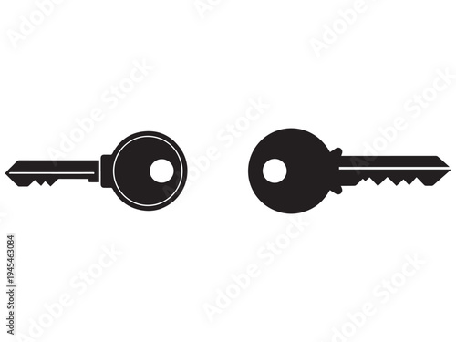 Two black keys with round heads and serrated teeth on white background  household and security concept