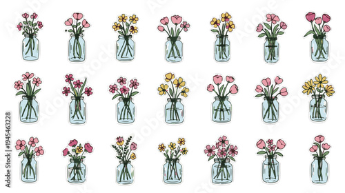 Hand drawn floral sticker collection in glass jars, colorful wildflower bouquet set with white border vector illustration