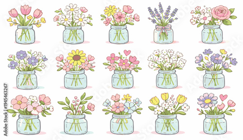 Cute hand drawn floral bouquets in small glass jars, kawaii wildflower arrangements in mason jars vector illustration set