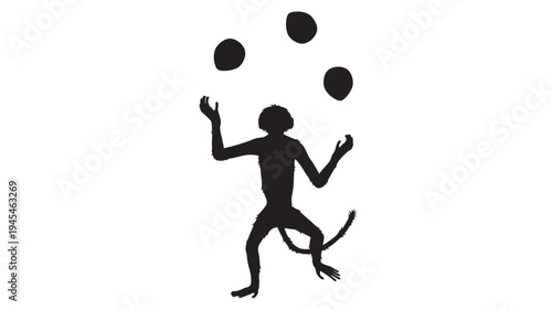 Monkey silhouette juggling three black balls against a white background, capturing a moment of playful performance and dexterity.