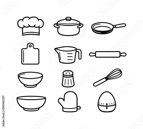 Cooking and kitchen preparation: chef hat, cooking pot with lid, frying pan, kitchen knife, cutting board, measuring cup, rolling pin, whisk, mixing bowl, salt shaker, oven mitt glove