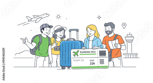 A group of travelers arriving at an airport and preparing for a new journey together, gathered around a large rolling suitcase and a simple boarding pass that symbolize travel planning