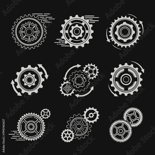 Set of isometric engineering gear mechanism icons, representing mechanical systems and technological innovation