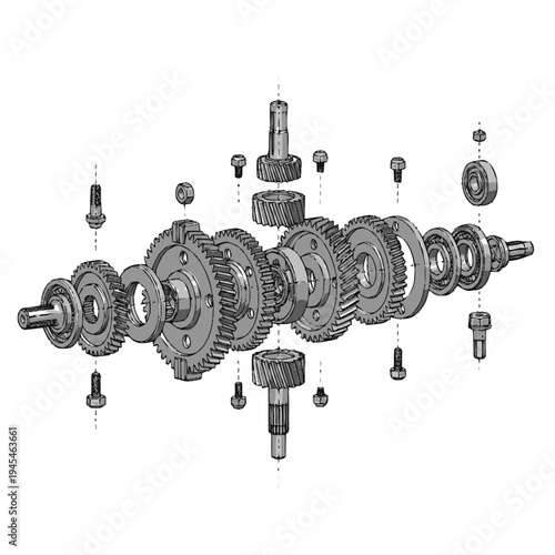 Exploded view illustration of a complex mechanical gearbox assembly with gears, shafts, and bearings