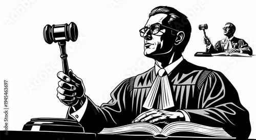 Monochrome vector illustration of a male judge in a black robe and glasses, holding a gavel, sitting at a desk with an open book, symbolizing justice and law.