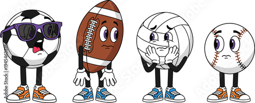 Set of cute cartoon sports ball characters including soccer football volleyball and baseball with funny faces and sneakers vector illustration for kids mascot designSet of cute cartoon sports ball cha