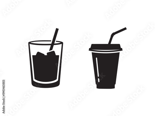 Two black silhouettes of cold drinks with straws one in a clear glass with ice cubes and the other in a disposable cup with a lid on a white background