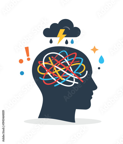 Panic attacks concept illustrating sudden overwhelming anxiety and emotional distress in everyday situations, a human head silhouette with sharp chaotic lines inside and a small lightning