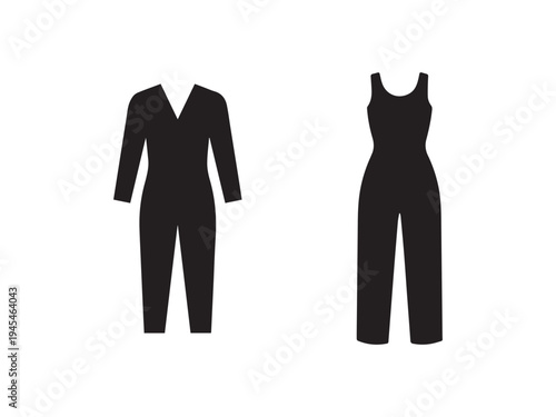 Two black silhouettes of female jumpsuits one longsleeved and one sleeveless on white background