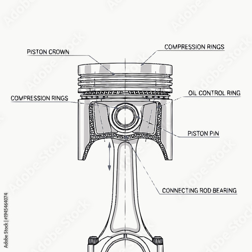 Detailed Technical Illustration of an Internal Combustion Engine Piston Assembly Cross Section Demonstrating Key Components and Mechanical Function for Automotive Engineering