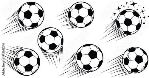 Set of flying soccer football balls with motion trails and speed lines in hand drawn sketch style vector illustration isolated on white background for sports designSet of flying soccer football balls 