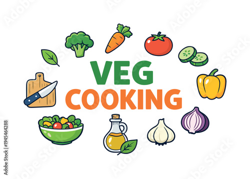 Healthy colorful vegetable cooking preparation concept focused on fresh produce, simple kitchen techniques, and balanced meals prepared from natural ingredients. VEG COOKING central title