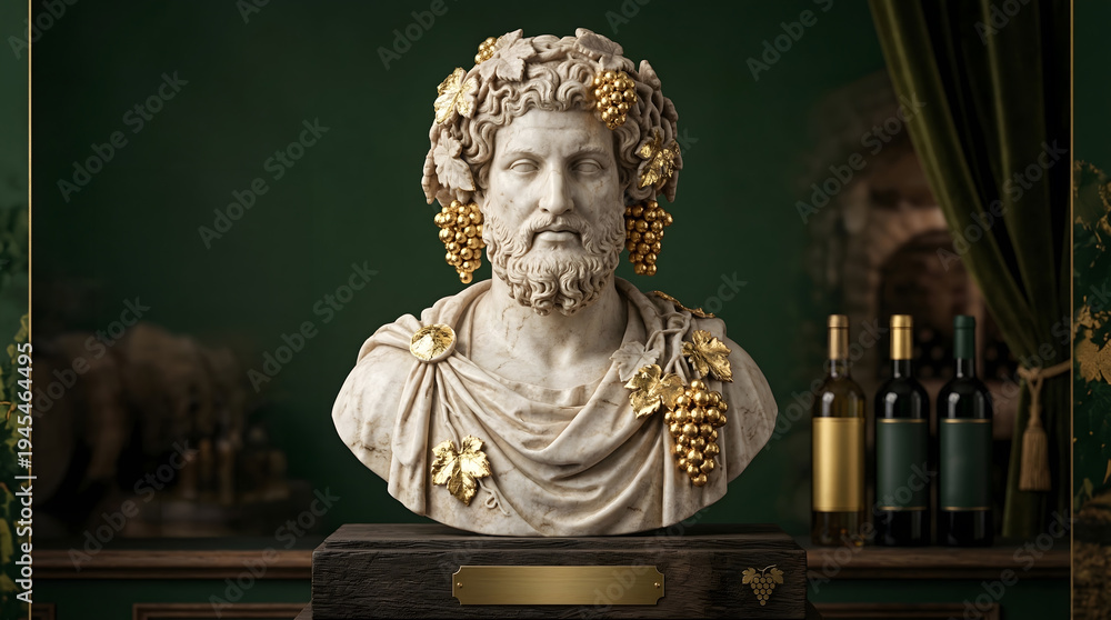 Fototapeta premium Dionysus Marble Bust with Golden Grapes – Ancient Greek Wine God Portrait