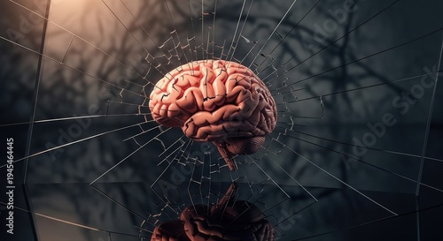 Fragmented human brain shatters reflective glass, symbolizing mental health challenges and cognitive breakdown with profound symbolism