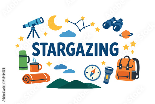 Warm season outdoor lifestyle concept centered on stargazing during clear spring and summer nights while relaxing outside and observing the night sky and constellations. STARGAZING title