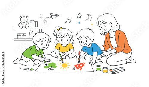 A group of children and a teacher participating in a creative art activity in a kindergarten classroom, gathered around a large sheet of paper and a few paint brushes that symbolize