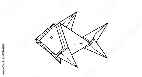 origami fish line art, black outline vector illustration, folded paper fish geometry, minimal clean stroke, isolated on white background, stock vector design