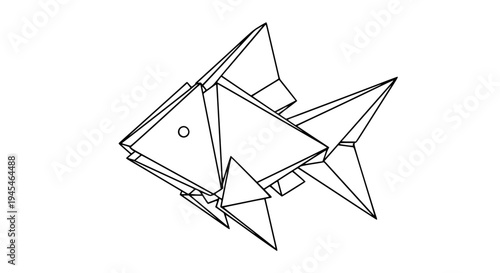 origami fish line art, black outline vector illustration, folded paper fish geometry, minimal clean stroke, isolated on white background, stock vector design