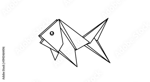origami fish line art, black outline vector illustration, folded paper fish geometry, minimal clean stroke, isolated on white background, stock vector design