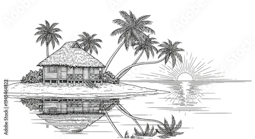 Tropical island, palm trees, beach hut, black and white illustration, vector graphics