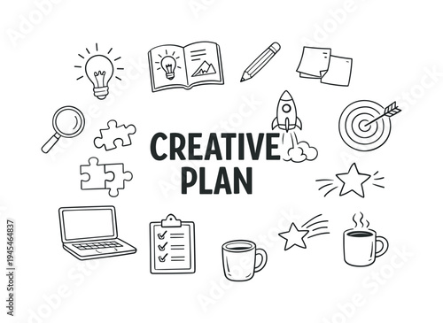 Creative project planning board where designers and teams organize visual concepts, sketches and references while developing new ideas for innovative work. CREATIVE PLAN central title