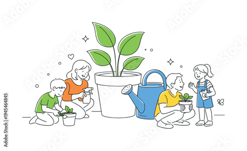 A family spending a calm weekend afternoon caring for indoor plants and learning simple home gardening habits together, visual metaphor of a large flower pot with growing leaves placed