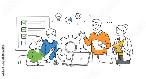 Professionals improving team coordination during a structured workflow meeting, several coworkers gathered around a large gear connected to a laptop while a simple checklist board represents