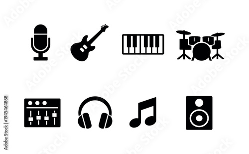 Music production tools: studio microphone, electric guitar, piano keyboard, drum set, audio mixer console, headphones, music note, speaker monitor