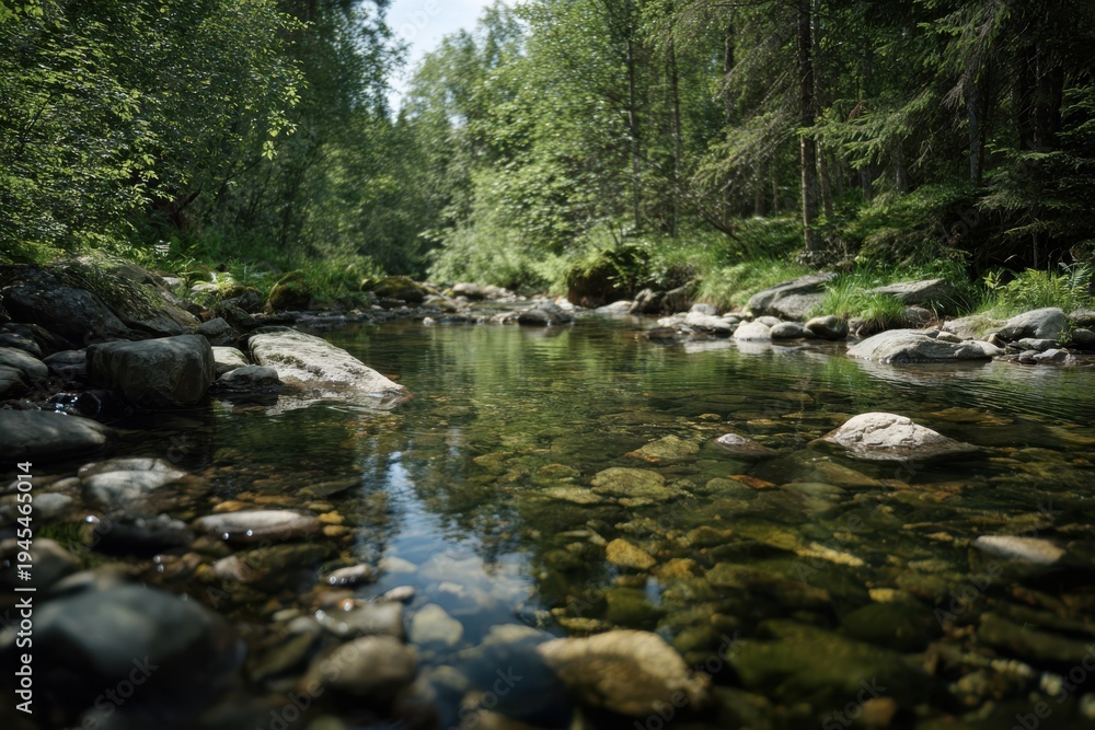 Obraz premium Gentle Waterway Revealing Smooth Pebbles Beneath Dappled Sunlight Spreading Across Leafy Forest Canopy
