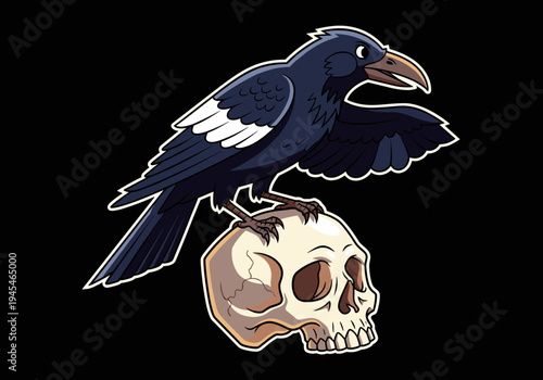 A black crow perched on a human skull.