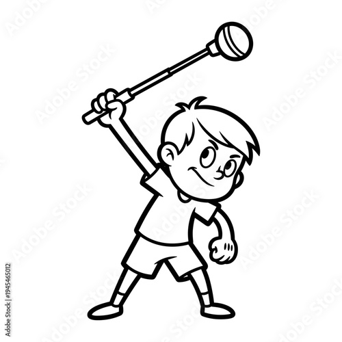 Young boy enthusiastically holding a baton, ready to lead or perform.