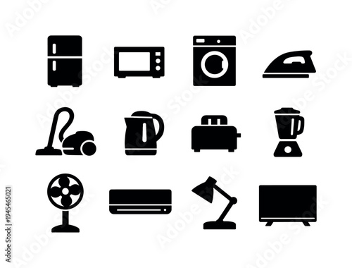 Household electrical appliances: refrigerator, microwave oven, washing machine, clothes iron, vacuum cleaner, electric kettle, toaster, blender, standing fan, air conditioner unit, desk lamp