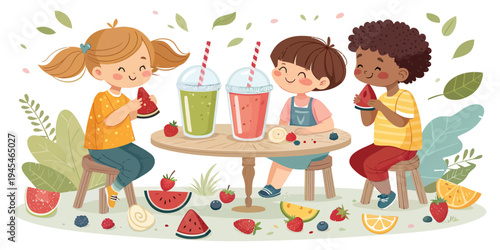 A colorful illustration of three children enjoying fruit and smoothies together outdoors