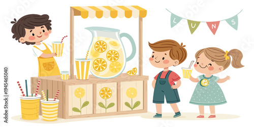 A colorful illustration of children running a lemonade stand with a pitcher and cups