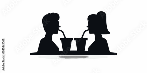 A minimalist vector graphic of a couple sharing drinks in silhouette
