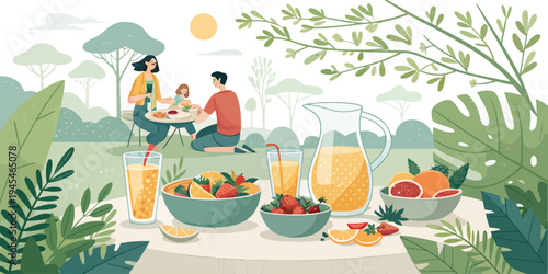 A family enjoys a picnic in a park with a table full of food and drinks